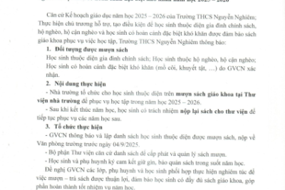 Thông báo: Về việc mượn sách giáo khoa tại Thư viện cho học sinh diện gia đình chính sách, hộ nghèo và học sinh có hoàn cảnh đặc biệt khó khăn năm học 2025 – 2026