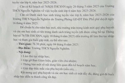 Thông báo: Về việc triệu tập học sinh trúng tuyển vào lớp 6 năm học 2025 – 2026