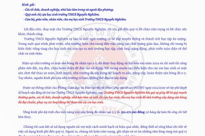 Thư Ngỏ về việc vận động tài trợ phục vụ tu sửa, nâng cấp, hoàn thiện sân bóng đá nhân tạo dành cho học sinh trường THCS Nguyễn Nghiêm